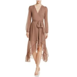WAYF Dress Women's Size S Brown Sheer Long Sleeve Wrap‎ Ruffle Asymmetrical